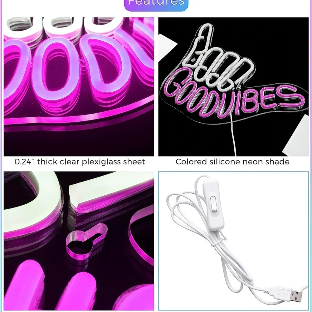 Neon Sign Good Vibes Pink White Hippie Retro 90s Party Birthday Room Light Decor